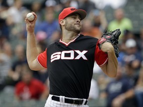 Chicago White Sox starting pitcher Lucas Giolito throws against the Detroit Tigers during the first inning of a baseball game Sunday, Aug. 27, 2017, in Chicago. (AP Photo/Nam Y. Huh)