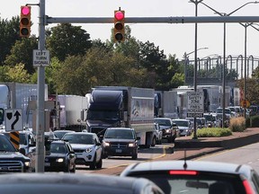 A traffic backup in the northbound lanes of Huron Church Road near the Ambassador Bridge on the morning of Aug. 25, 2017.