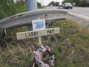 A tribute to Larry and Patricia Best at the intersection of Manning Road and County Road 46 on Aug. 14, 2017.