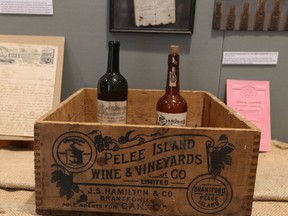In this Aug. 4, 2017, file photo, a Pelee Island wine box is shown as part of the 'Toast to the Coast: An EPIC 150 Years' exhibit at the Chimczuk Museum, celebrating the evolution of local winemaking.
