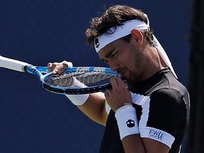 Fabio Fognini, of Italy, reacts after losing a point to Stefano Travaglia, of Italy, during the first round of the U.S. Open tennis tournament, Wednesday, Aug. 30, 2017, in New York. (AP Photo/Michael Noble)