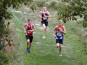 Aidan James, left, of Sarnia Northern, Teagan Kakhta of Massey and Ronan Radovich, right, of Sandwich Secondary compete in the Midget Boys 4k during the 21st Annual Thrill on the Hill, high school cross-country event at Malden Park Sept. 28, 2017. James won the race, Radovich finished second and Kakhta, third.