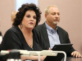 Debi Croucher, left, and Larry Horwitz, both of the Downtown Windsor Business Improvement Area, answer questions during a discussion of Downtown Windsor Enhancement Strategy and Community Improvement Plan (CIP) during a special meeting of city council on Sept. 29, 2017.