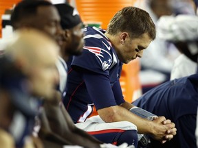 Tom Brady of the New England Patriots reacts on the bench during the second half against the Kansas City Chiefs at Gillette Stadium on Sept. 7, 2017 in Foxboro, Massachusetts.