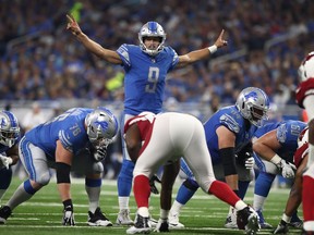 Matthew Stafford of the Detroit Lions calls a play in the first half in the against the Arizona Cardinals at Ford Field on Sept. 10, 2017 in Detroit.