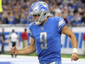 Detroit QB Matthew Stafford celebrates a play in the second half in the game against the Arizona Cardinals a  at Ford Field on September 10, 2017 in Detroit, Michigan.