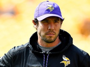 Sam Bradford of the Minnesota Vikings looks on during warmups before the game against the Pittsburgh Steelers at Heinz Field on Sept. 17, 2017, in Pittsburgh.