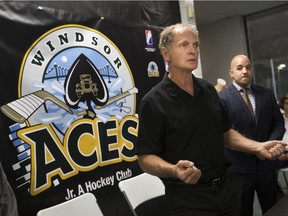 Joe Byrne Sr., left, head of hockey operations, is joined by Joe Byrne, owner, coach, and general manager, during a press conference announcing the new Junior A hockey team, the Windsor Aces, at Adie Knox Arena, on Saturday, Sept. 2, 2017.