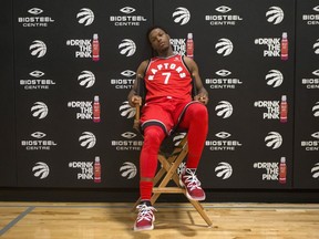 Toronto Raptors' Kyle Lowry takes a break between interviews during a media day in Toronto on Sept. 25, 2017.