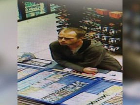 A security camera image of a male who used a stolen credit card multiple times at various locations in September 2017.