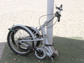 A parked folding bike.