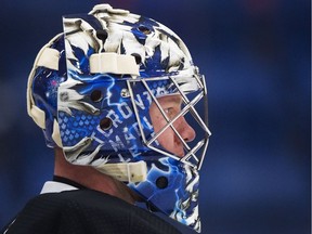 Toronto Maple Leafs goalie Frederik Andersen looks up ice during NHL training camp action in Niagara Falls, Ont. on Sept. 15, 2017. Andersen couldn't figure out why at the time, but there were points during his first season with the Toronto Maple Leafs when he noticed some unexplained weight gain.