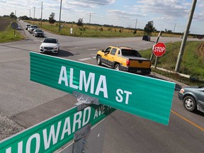 The intersection of Alma Street and Howard Avenue (County Road 9) in Amherstburg where a fatal two-vehicle collision occurred on the morning of Sept. 28, 2017.