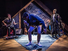 Khari Wendell McClelland (centre) performs with Noah Walker (left) and Tanika Charles (right) in the Project: Humanity theatrical production Freedom Singer.