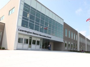 The front facade of the new Leamington District Secondary School is shown Sept 5, 2017.