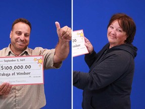 Hussein Dabaja (left) and Laurie McLachlan (right), both of Windsor, hold up their prize cheques in these photos from the Ontario Lottery and Gaming Corporation.