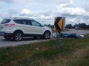 An image of the scene of the fatal crash between a blue Honda motorcycle and a white Ford Escape on Morris Road just west of Tilbury on Sept. 7, 2017.