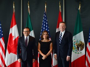 Minister of Foreign Affairs Chrystia Freeland meets for a trilateral meeting with Mexico's Secretary of Economy Ildefonso Guajardo Villarreal, left, and Ambassador Robert E. Lighthizer, United States trade representative, during the final day of the third round of NAFTA negotiations Sept. 27, 2017.