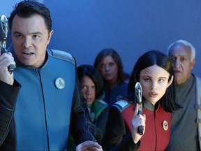 This image released by Fox shows, from left, Seth MacFarlane, Penny Johnson Jerald, Adrianne Palicki, Halston Sage and guest star Brian George in "The Orville," premiering on Fox this Sunday at 8 p.m. EDT. (Fox via AP)