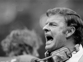 In this Jan. 15, 1978, file photo, Red Miller, head coach of the Denver Broncos, yells to his team from the sidelines during NFL football's Super Bowl XII against the Dallas Cowboys  in New Orleans. Miller, the fiery head coach who led the Broncos to their first Super Bowl, has died after complications from a stroke. He was 89.  (AP Photo/File(
