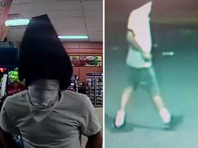 Security camera images of a masked man with a laptop bag over his head who robbed a convenience store at Seminole Street and Pillette Road during the early morning hours of Sept. 12, 2017.