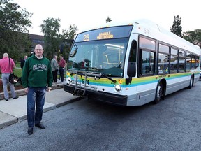 Windsor Mayor Drew Dilkens stands by the LaSalle 25 bus before its inaugural trip on Sept. 5, 2017. The bus is one of two that will be regularly travelling between the St. Clair College campus and LaSalle's Vollmer Complex.