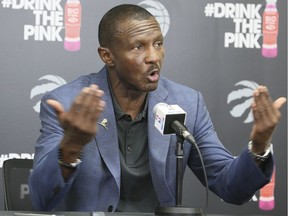 Dwane Casey, head coach of the Toronto Raptors speaks during media day at the BioSteel Centre in Toronto on Sept. 25, 2017.