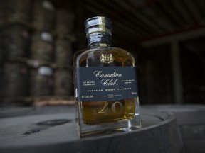 A bottle of the 40-year-old Canadian Club Whisky on display at the Canadian Club Pike Creek aging warehouse Tuesday, Sept. 26, 2017.