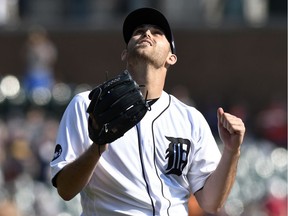 Detroit Tigers starting pitcher Matthew Boyd reacts after the final out of a baseball game against the Chicago White Sox on Sept. 17, 2017 in Detroit. Boyd threw a one-hitter as the Tigers defeated the White Sox 12-0.