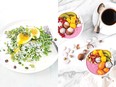 Soft-boiled eggs and green pea salad, left, and smoothie bowl with dragon fruit and lychee from Hubert Cormier's Yogurt Every Day.