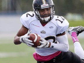 Windsor AKO Fratmen receiver Devon Woods hauls in a touchdown pass in the first half of Windosr' 52-17 win over the London Beefeaters that clinched first place in the OFC. (NICK BRANCACCIO/Windsor Star)