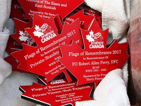 Plaques off the Flags of Remembrance display at Assumption Park on Windsor's waterfront are shown on Oct. 10, 2017. The plaques had to be removed because many of them were being stolen.