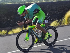 Harrow's Lionel Sanders rides the cycling portion of the Ironman World Championship Triathlon on Oct. 10, 2015, in Kailua-Kona, Hawaii.