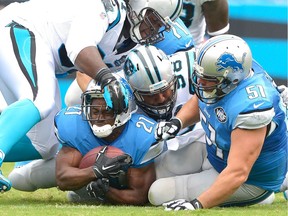 Colin Cole of the Carolina Panthers tackles Reggie Bush of the Detroit Lions during their game at Bank of America Stadium on Sept. 14, 2014, in Charlotte, N.C.