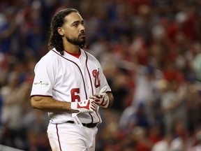 Anthony Rendon of the Washington Nationals reacts after striking out against the Chicago Cubs in the 8th inning during game one of the National League Division Series at Nationals Park on Oct. 6, 2017 in Washington, DC.