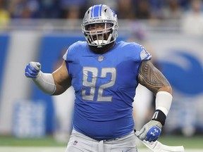 Detroit's Haloti Ngata celebrates a second-quarter sack on Carolina quarterback Cam Newton at Ford Field on Oct. 8, 2017 in Detroit.