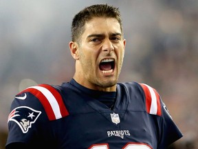 Jimmy Garoppolo of the New England Patriots reacts before a game against the Atlanta Falcons at Gillette Stadium on Oct. 22, 2017 in Foxboro, Mass.