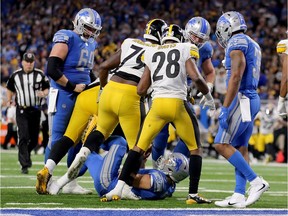 Matthew Stafford of the Detroit Lions gets stopped at the goal line on fourth down and one yard against the Pittsburgh Steelers during the second half  at Ford Field on Oct. 29, 2017 in Detroit.
