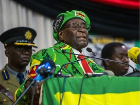 Zimbabwe's President Robert Mugabe, 93, delivers a speech during a meeting of his party's youth league, Oct. 7, 2017, in Harare.