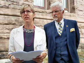 Alysson Storey of Chatham (left) and Chatham-Kent-Middlesex MPP Rick Nicholls (right) speak to media at Queen's Park on Oct. 4, 2017.