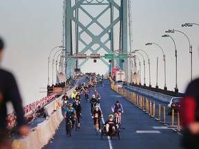 Cyclists are shown on the Ambassador Bridge heading towards Windsor from Detroit on Sunday, October 22, 2017. They were participating in the Bike the Bridge event.
