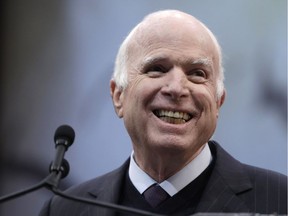 FILE - In this Oct. 16, 2017 file photo Sen. John McCain, R-Ariz., receives the Liberty Medal from the National Constitution Center in Philadelphia. An upcoming memoir from McCain has taken on new meaning since he first decided to write it. "The Restless Wave" is scheduled to come out in April, 2018, Simon & Schuster told The Associated Press on Friday, Oct. 20.