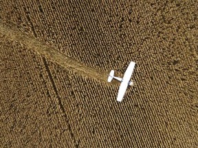 An aerial image of the Cessna single-prop plane — flown by John Cundle of Windsor — after it made an emergency landing in a cornfield south of Sarnia on the night of Oct. 26, 2017.