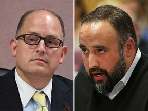 Windsor Mayor Drew Dilkens (left) and Ward 3 Coun. Rino Bortolin (right) in council chambers.