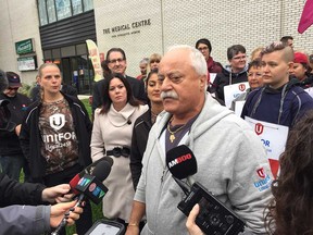 Tullio DiPonti, secretary-treasurer of Unifor Local 2458, speaks with media outside the Medical Laboratories of Windsor location at 1428 Ouellette Ave. on Oct. 13, 2017. Lab workers have been on strike since Oct. 2.