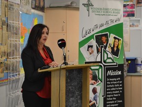 Villanova principal Amy Facchineri discusses the Windsor-Essex Catholic District School BoardÕs new drug awareness initiative We Need To Talk during its unveiling Monday, Oct. 23, 2017, at Villanova secondary school. Julie Kotsis/Windsor Star