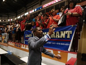 Windsor Express president and CEO Dartis Willis Sr. thanks fans after the team lost to the London Lightning in Game 6 of the Central Conference Finals at the WFCU Centre in Windsor on May 27, 2016.