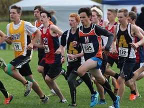 Seen earlier this season, Max Fazecas, at centre, helped the Massey Mustangs to a team bronze medal in junior boys and the overall boys' title at Saturday's OFSAA cross-country championship.