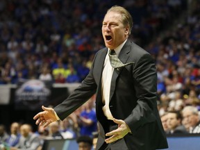 FILE - In this Sunday, March 19, 2017 file photo, Michigan State head coach Tom Izzo gestures in the first half of a second-round game against Kansas in the men's NCAA college basketball tournament in Tulsa, Okla. Miles Bridges is back at Michigan State, turning down a chance to be a lottery pick. And, the Spartans are so stacked with talent a freshman teammate, Jaren Jackson, is projected by some to be picked before Bridges in the 2018 NBA draft.