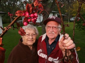 Jean and Peter Glass look at flowers that have emerged on their front yard crabapple tree at their home on Huron Church Line Road on Oct. 23, 2017.